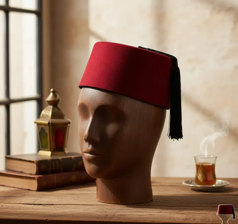 Classic Red Fez Hat - Traditional Moroccan/Ottoman Cap, Handcrafted Vintage Style Men's Wear.