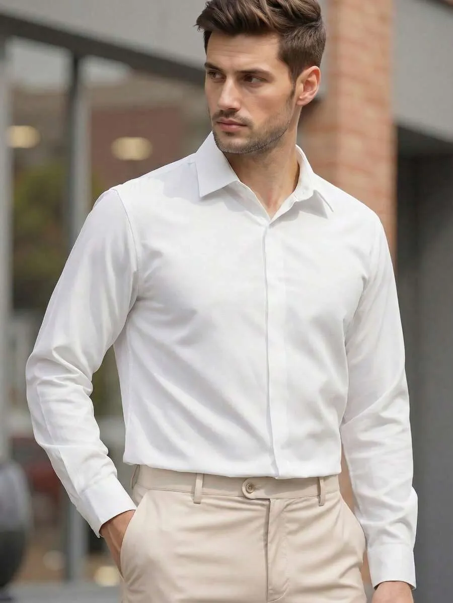 Calvornis Men's White Business Casual Long Sleeve Shirt, Men Dress Shirt, Elegant Button Down For Office Or Look, & Wedding Formal, Ceremony