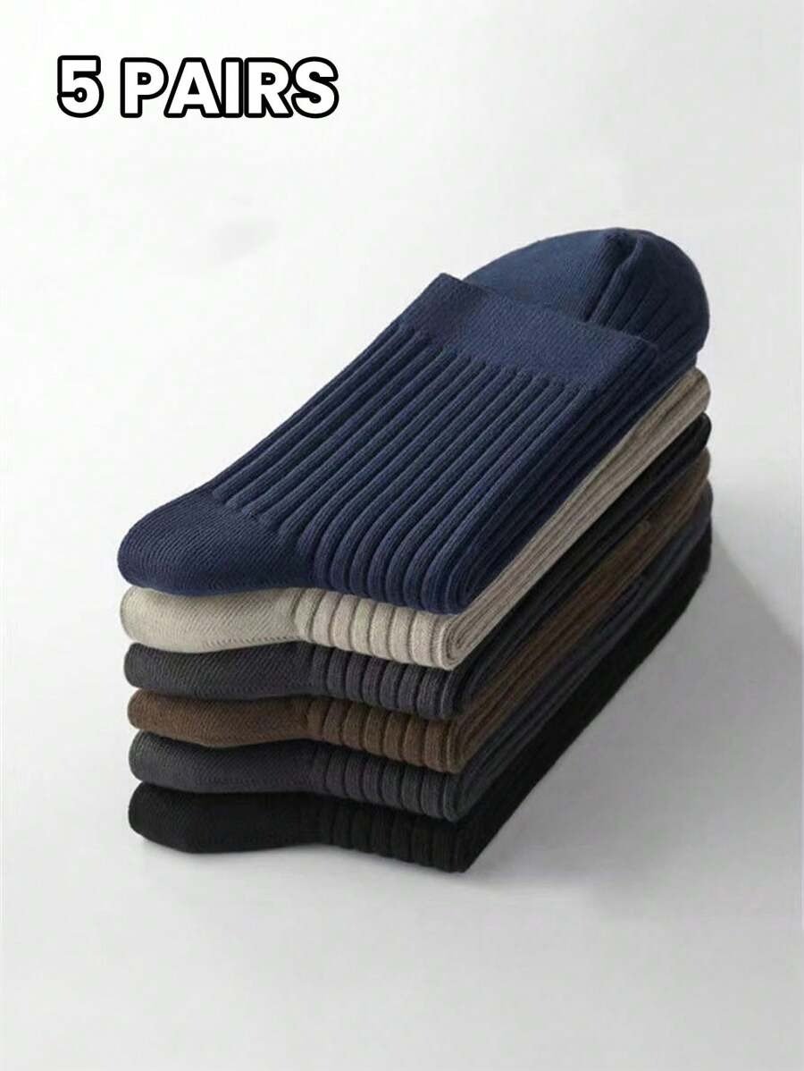 5 Pairs Men's Versatile Socks, Soft Absorbent Solid Color Sports, Business, Casual Mid-Calf Socks For All Seasons
