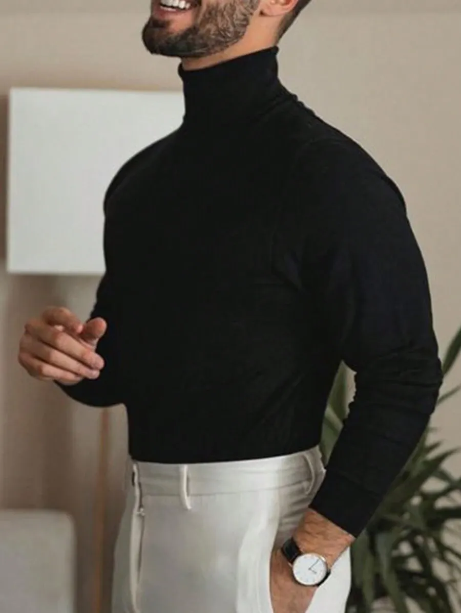 Men's Solid Color Long Sleeve Turtleneck Minimalist Sweater, Casual Everyday Wear, Old Money Style, For Fall